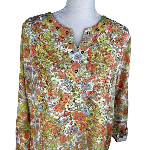 Multiples Top Blouse Retro Floral Large L Semi-Sheer 70s Roll Tab Sleeves - Picture 9 of 9